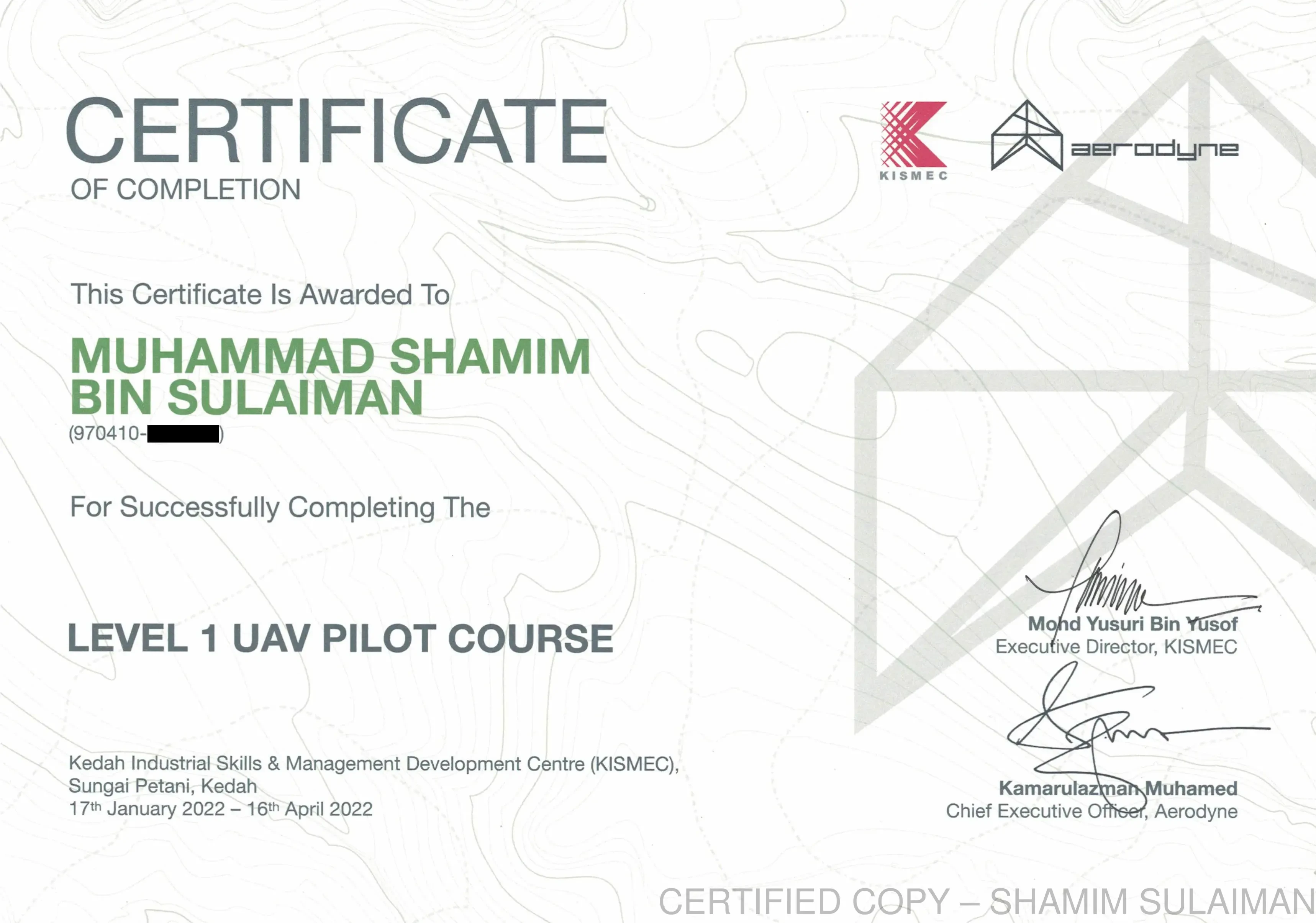 Certification of Completion