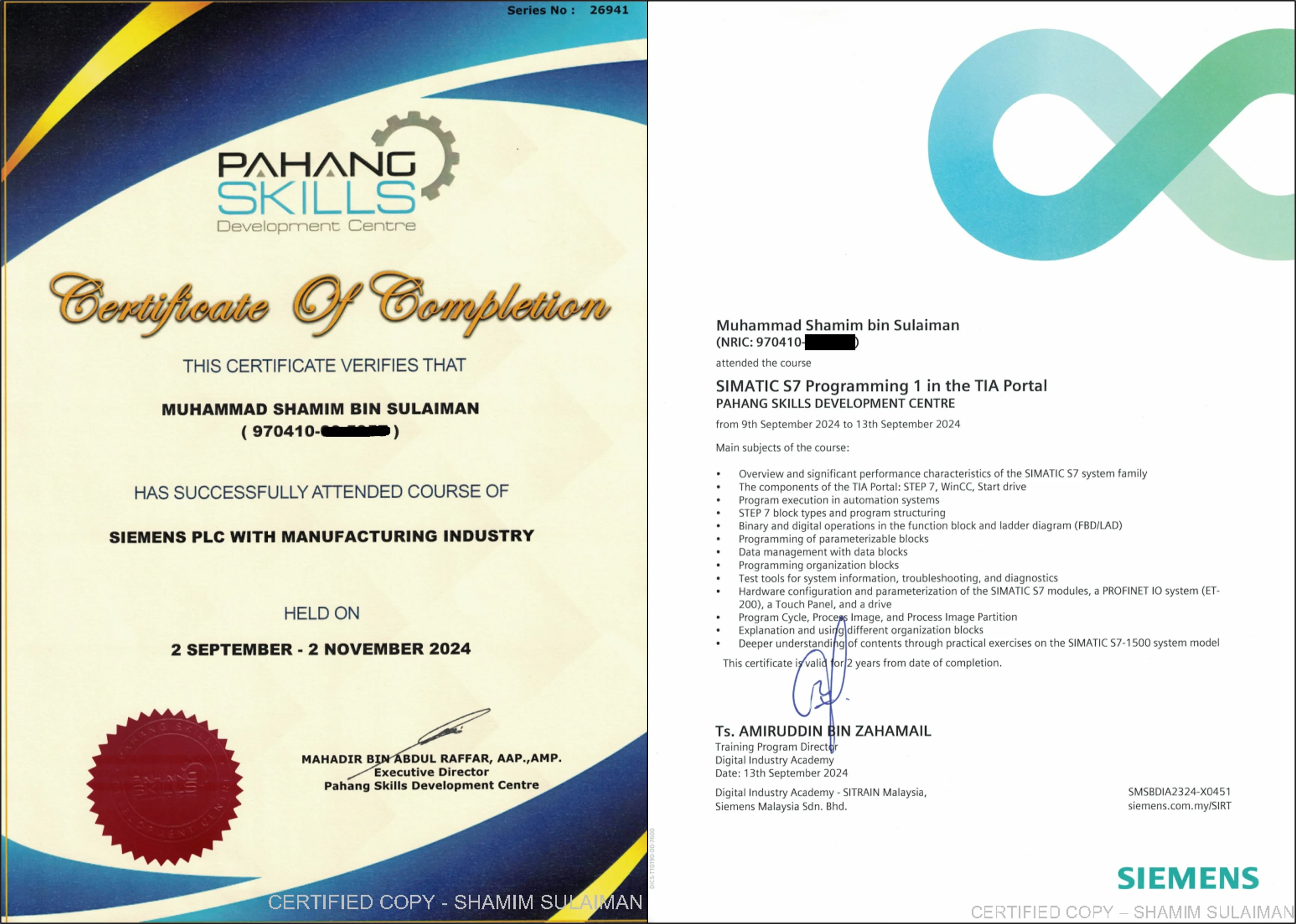 Certificate of Completion & S7 TIA-PRO 1 Certificate