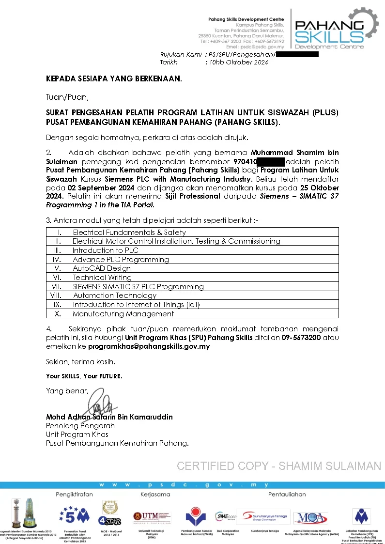 Training confirmation letter showing list of modules